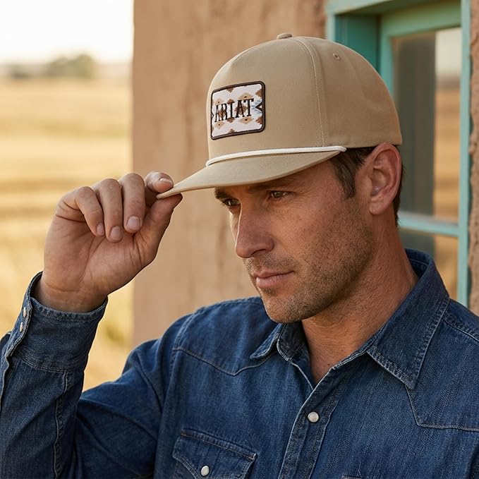 ARIAT Men's Southwestern Patch Snapback Cap with Rope Trim, Flat Brim, Tan