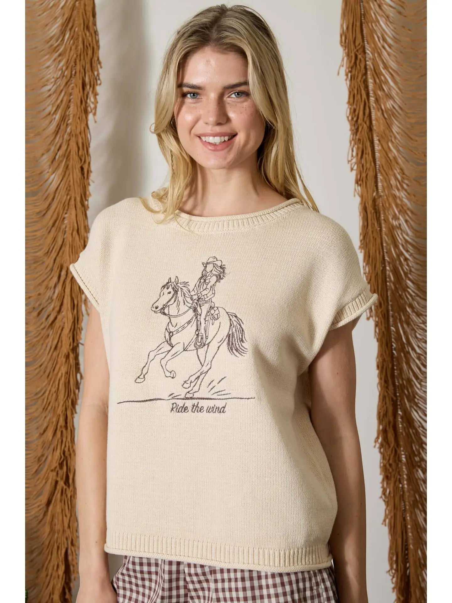J.O.A Women’s Western Embroidery Short Sleeve Knit Sweater J6ST1079