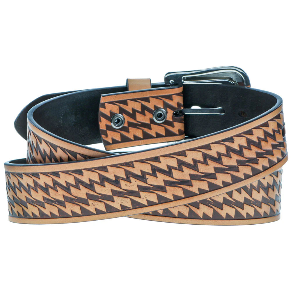 "ZEMI" TAN W/ BROWN LIGHTNING BOLT LEATHER BELT