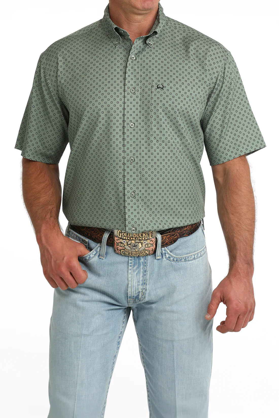 Cinch Men's ArenaFlex Olive Green Geo Print Button SS Shirt MTW1704176