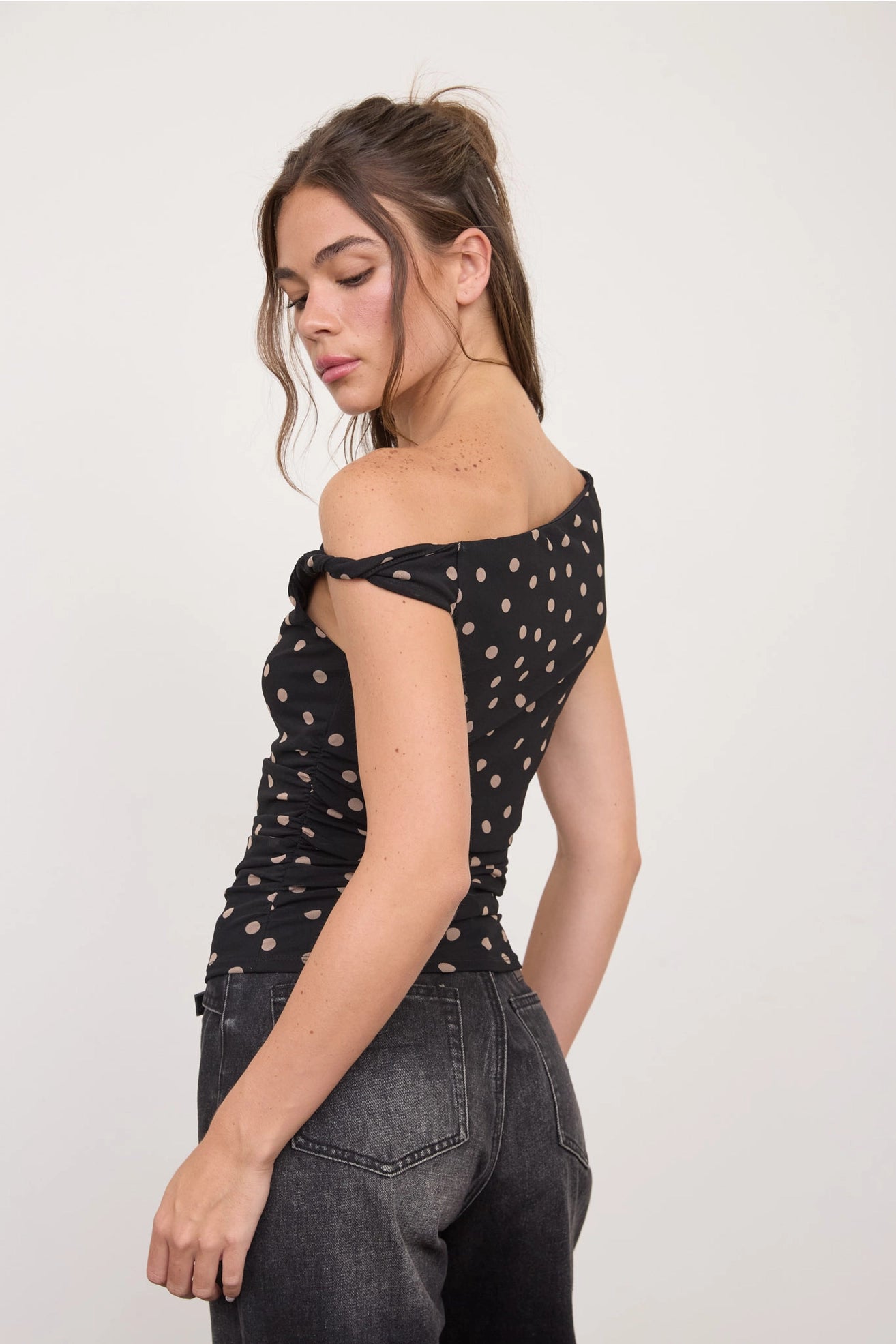 The Workshop Women’s Polka Dot Asymmetrical Twist Detail Mesh Knit Top TW2244