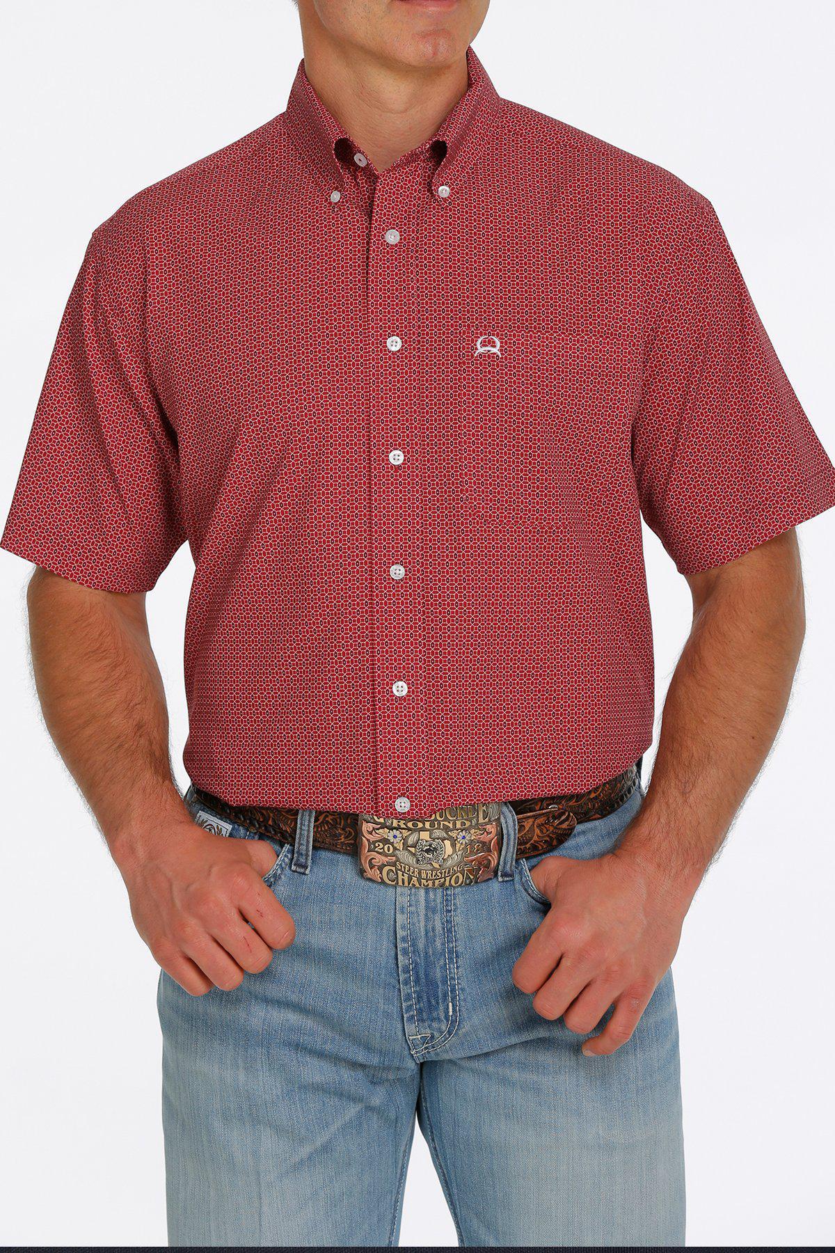 MENS GEOMETRIC SHORT SLEEVE ARENAFLEX BUTTON DOWN SHIRT RED CINCH