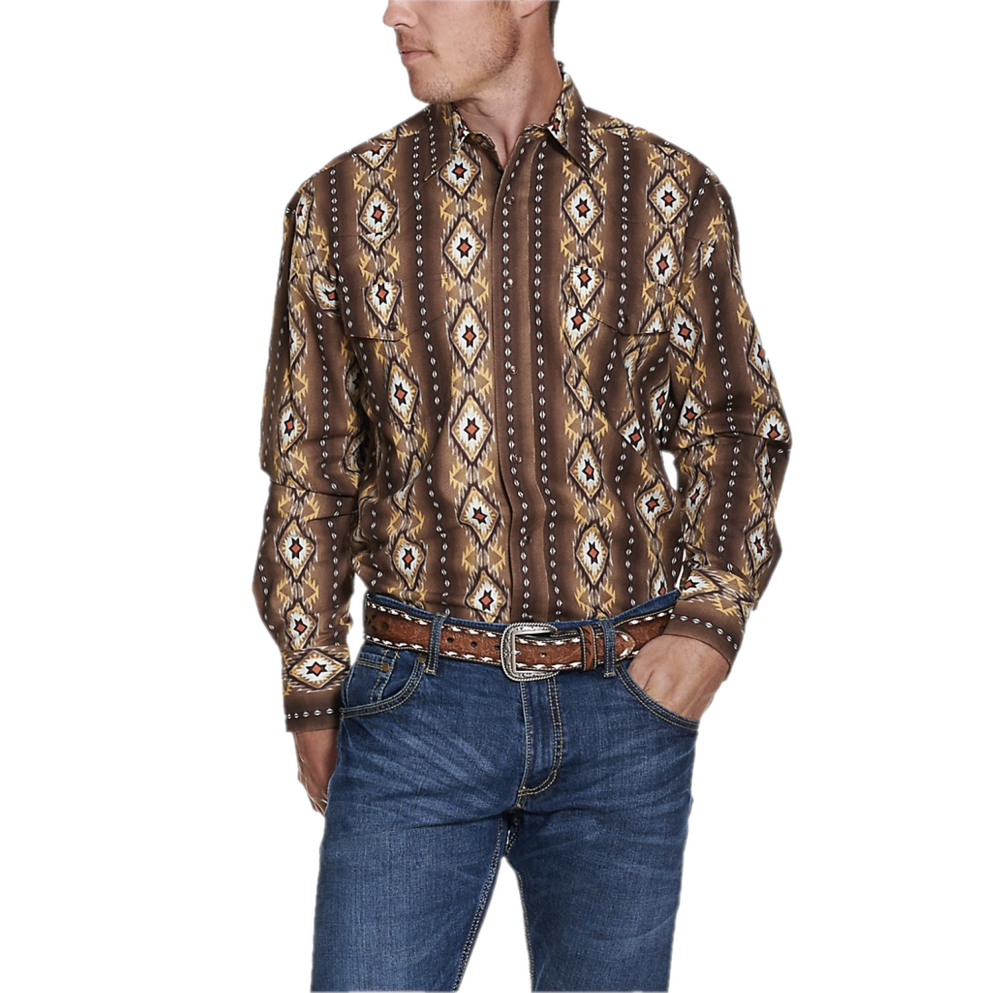 Wrangler Men's Checotah Classic Fit Aztec Brown Snap Shirt