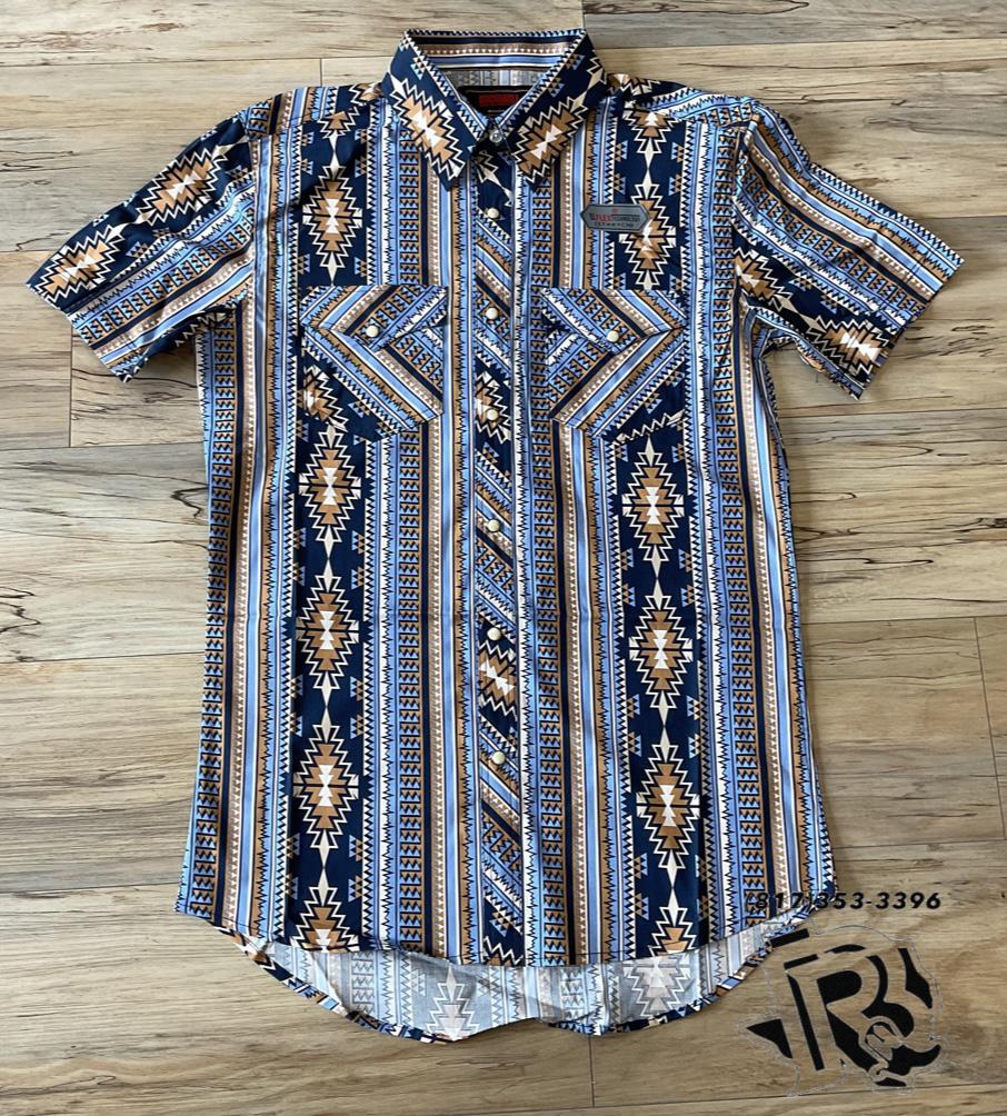 Mens Aztec woven snap blue shirt panhandle