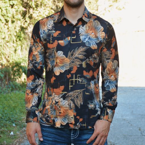 Men's Leonardo Black/Orange Slim Fit LS Shirt