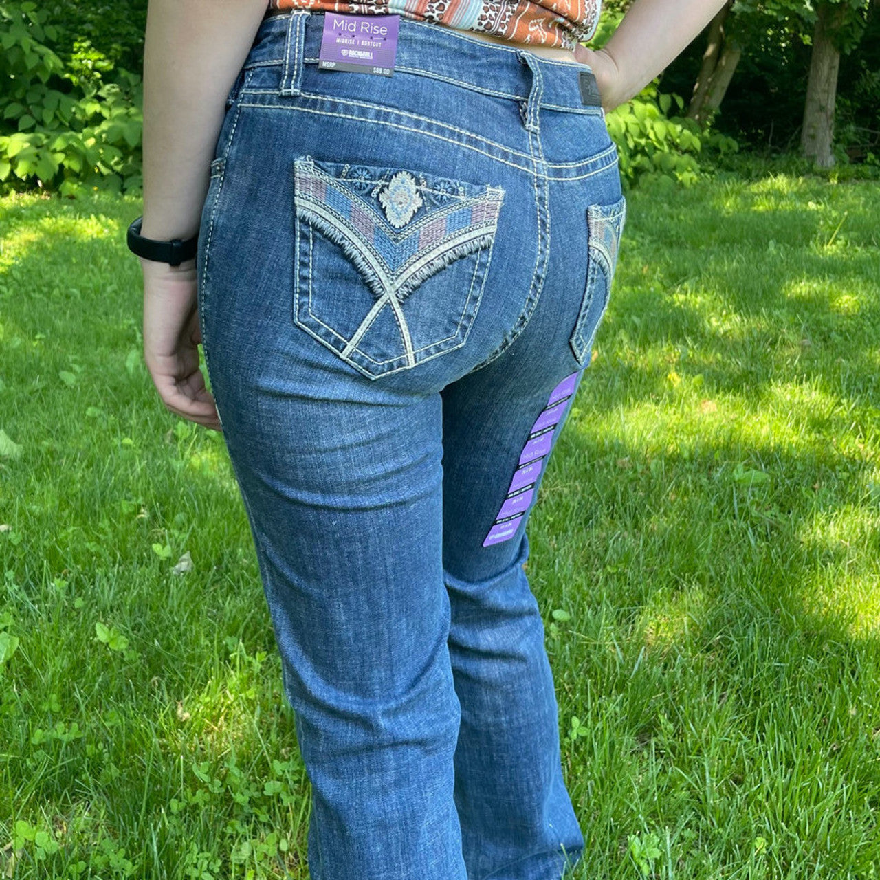 Rock & Roll Ladies Medium Wash Mid Rise Bootcut Jeans with Pink and Blue Aztec Pocket