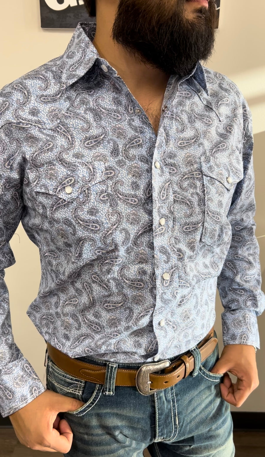 PANHANDLE MEN'S BLUE LONG SLEEVE PEARL SNAP STRETCH WESTERN SHIRT