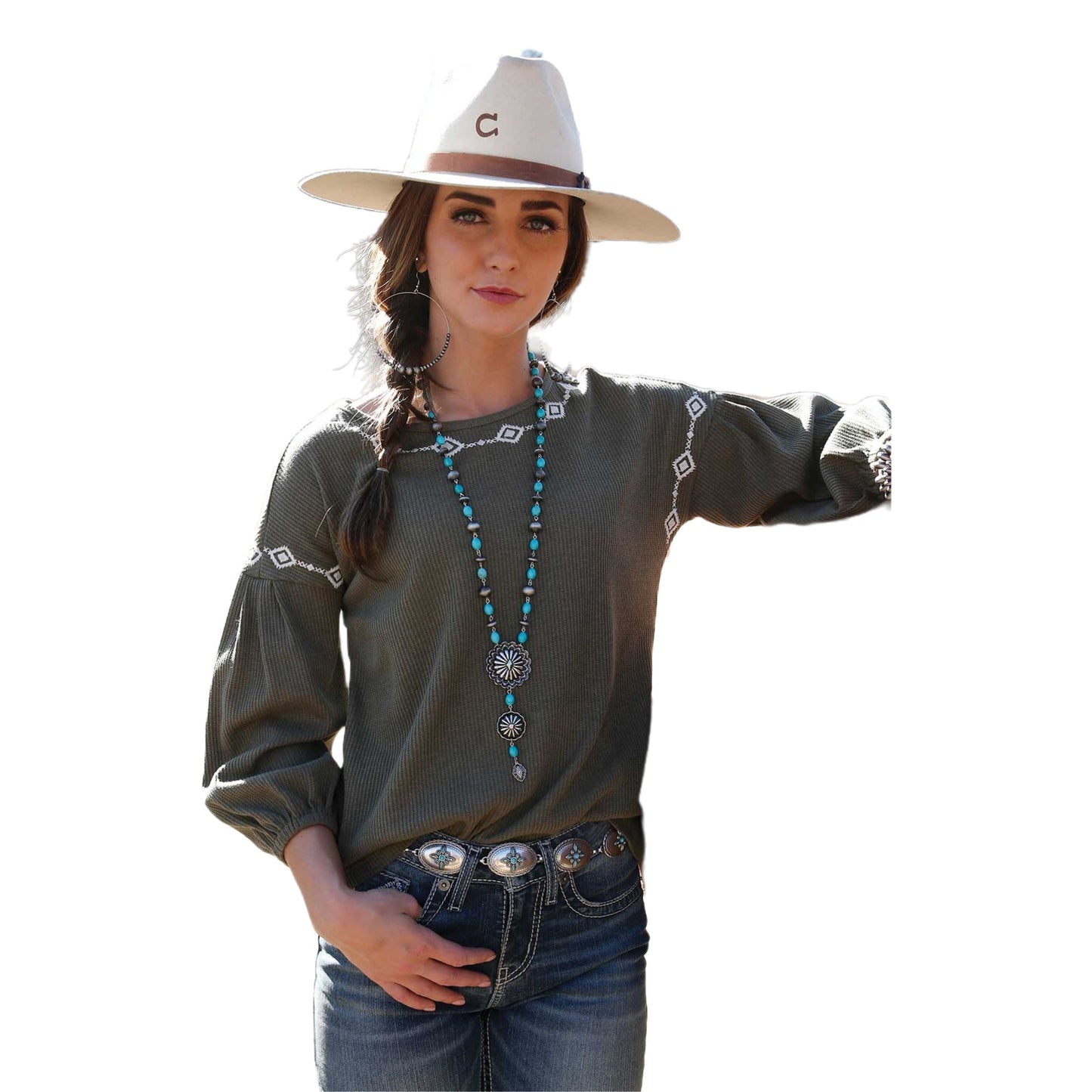 Cruel Denim Ladies Olive Green Waffle Knit Long Sleeve Shirt