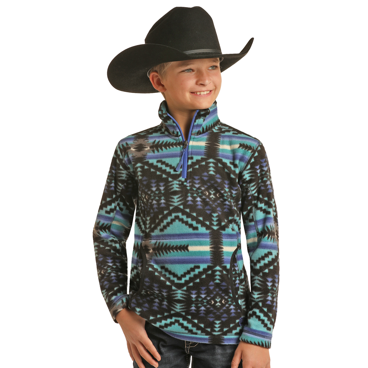 Powder River Kid's Black & Blue Aztec 1/4 Zip Pullover