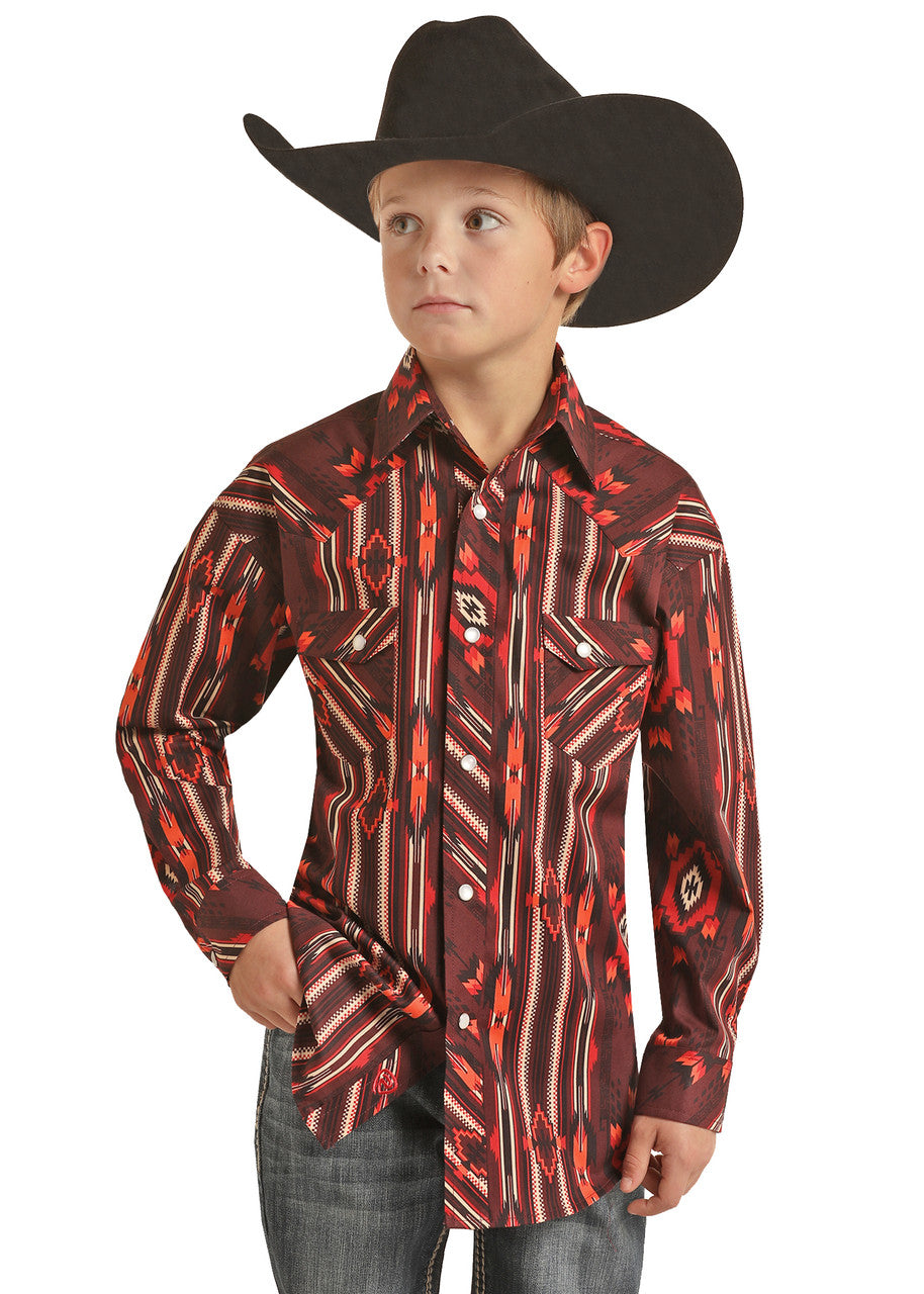 ROCK & ROLL AZTEC PRINT STRETCH BOYS SNAP SHIRT