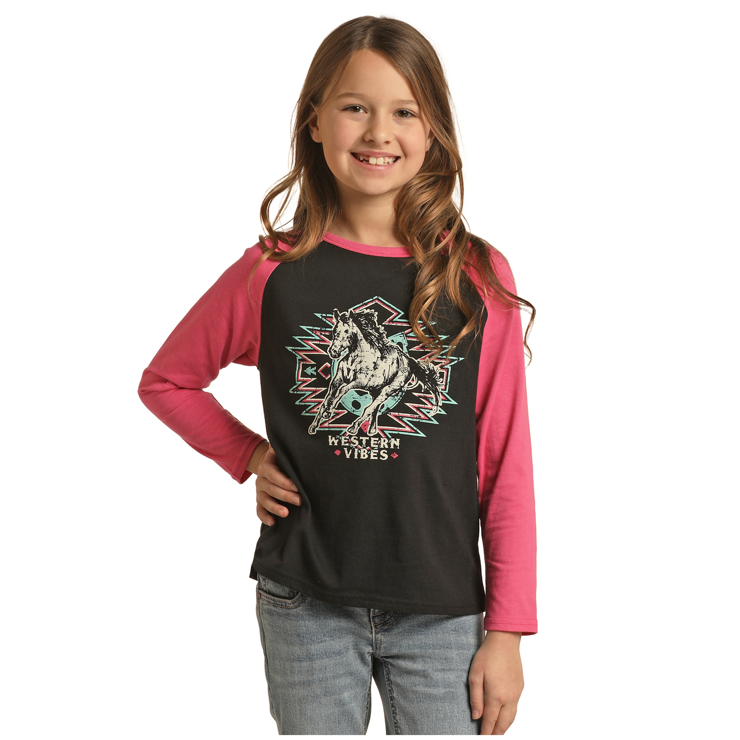 Rock & Roll Cowgirl Youth Girl's Western Graphic Black Tee