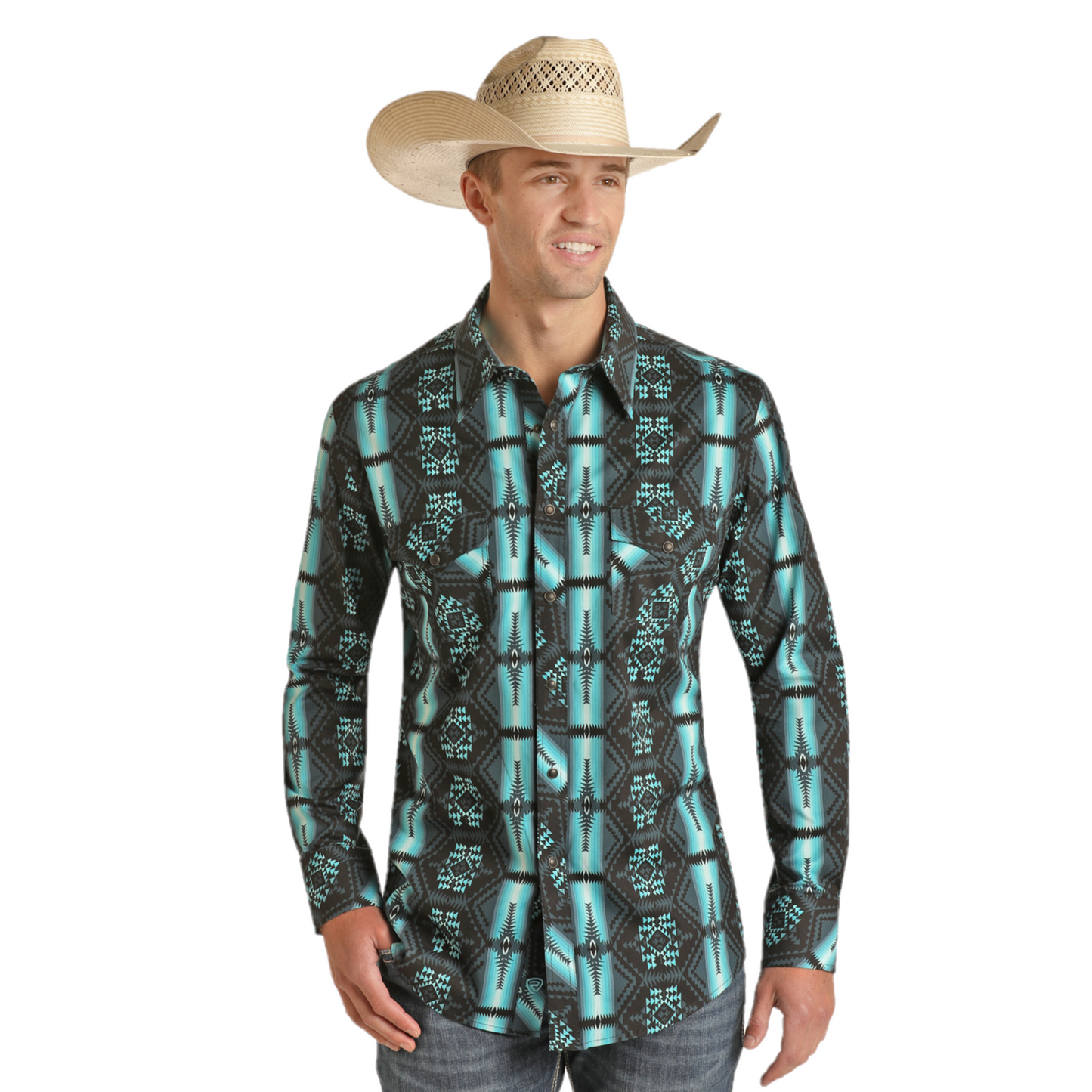 Panhandle Men's Aztec Woven Teal Snap Button Shirt