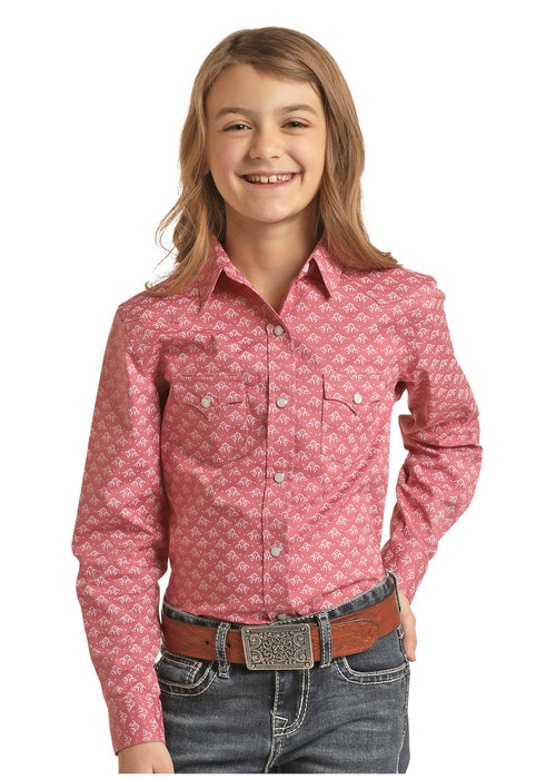 Girl's Panhandle Pale Burgundy All-over Print Long Sleeve Snap Shirt