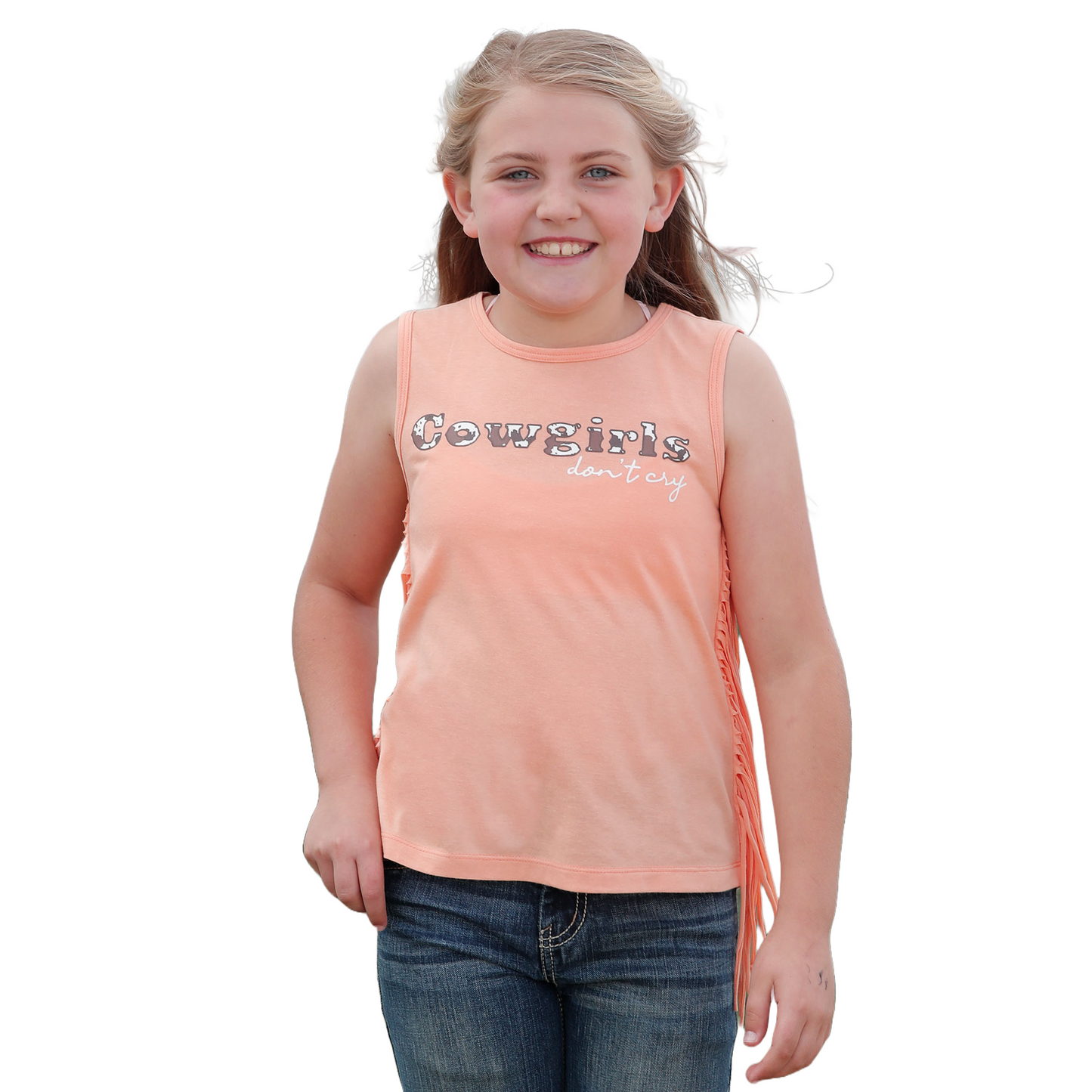 Cinch Youth Girl's Heather Orange Fringe Tank Top