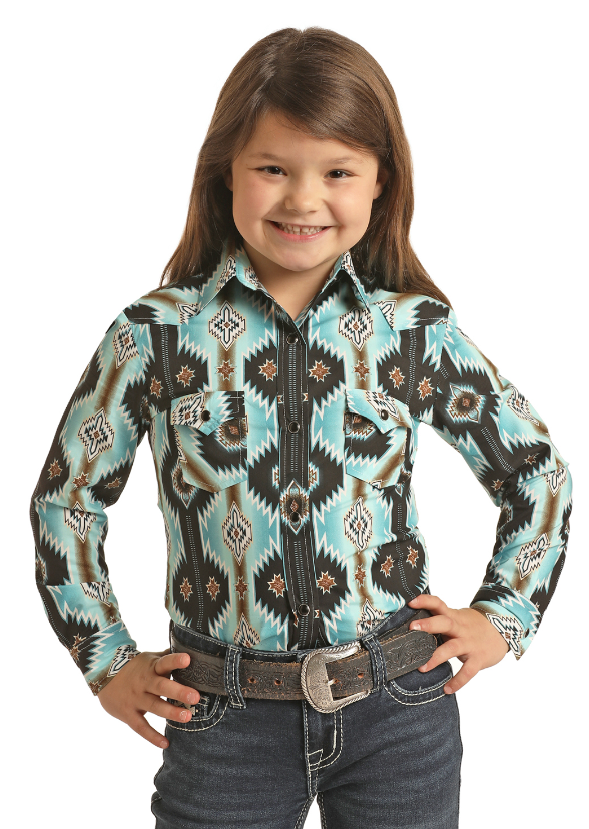 ROCK & ROLL COWGIRL AQUA AZTEC PRINT SNAP SHIRT