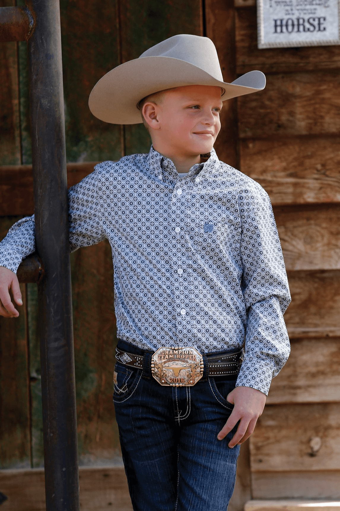 Cinch Boy's White Geo Print Button Long Sleeve Western Shirt
