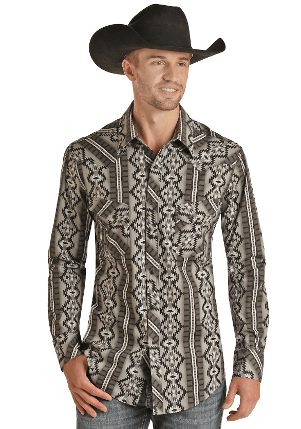 Rock & Roll Cowboy Men's Charcoal Aztec Print Snap Up Long Sleeve Western Shirt