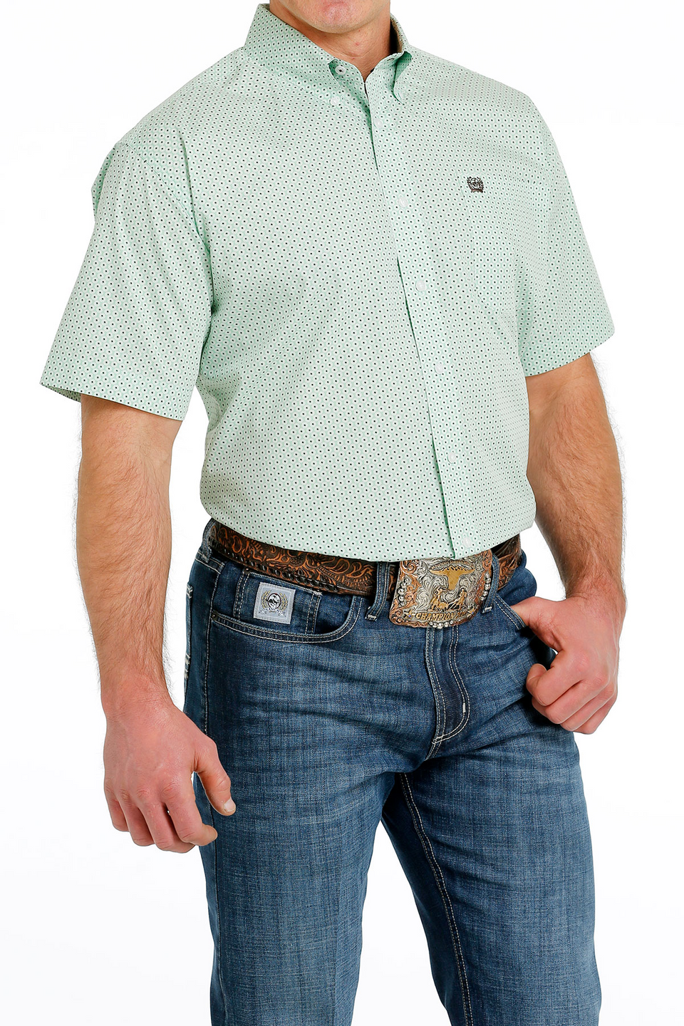 CINCH TEA GREEN GEOMETRIC PRINT - MENS SHIRT