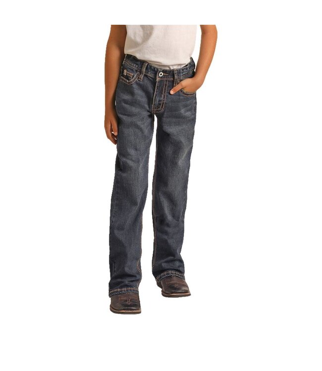 ROCK & ROLL THICK CURVE LOGO BOOTCUT DARK WASH JEAN