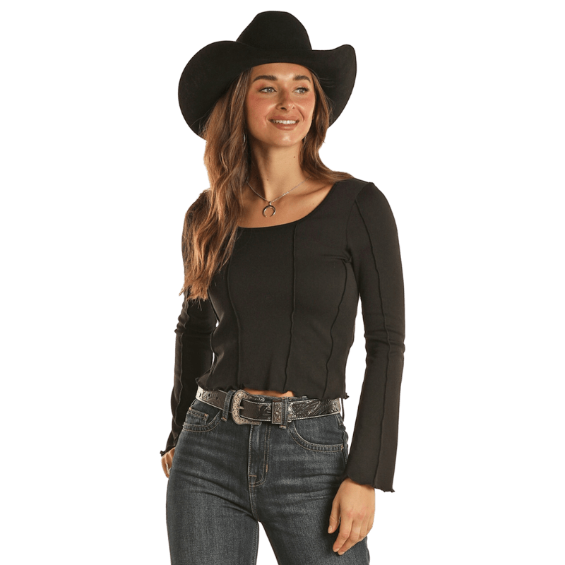 ROCK & ROLL COWGIRL WOMEN'S BLACK EXPOSED SEAM LONG SLEEVE CROP TOP