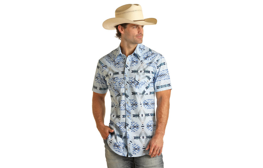Rock & Roll Cowboy Men's Blue Aztec Snap Front Shirt