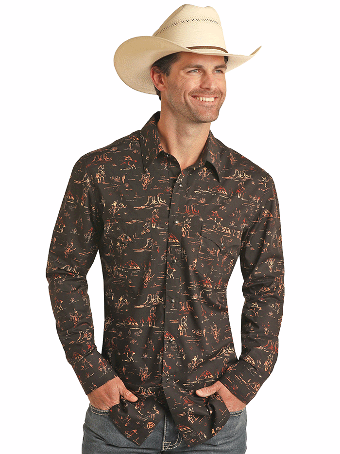 Rock & Roll Denim B2S3305 Mens Long Sleeve Snap Shirt Cowboy Print Black/Rust
