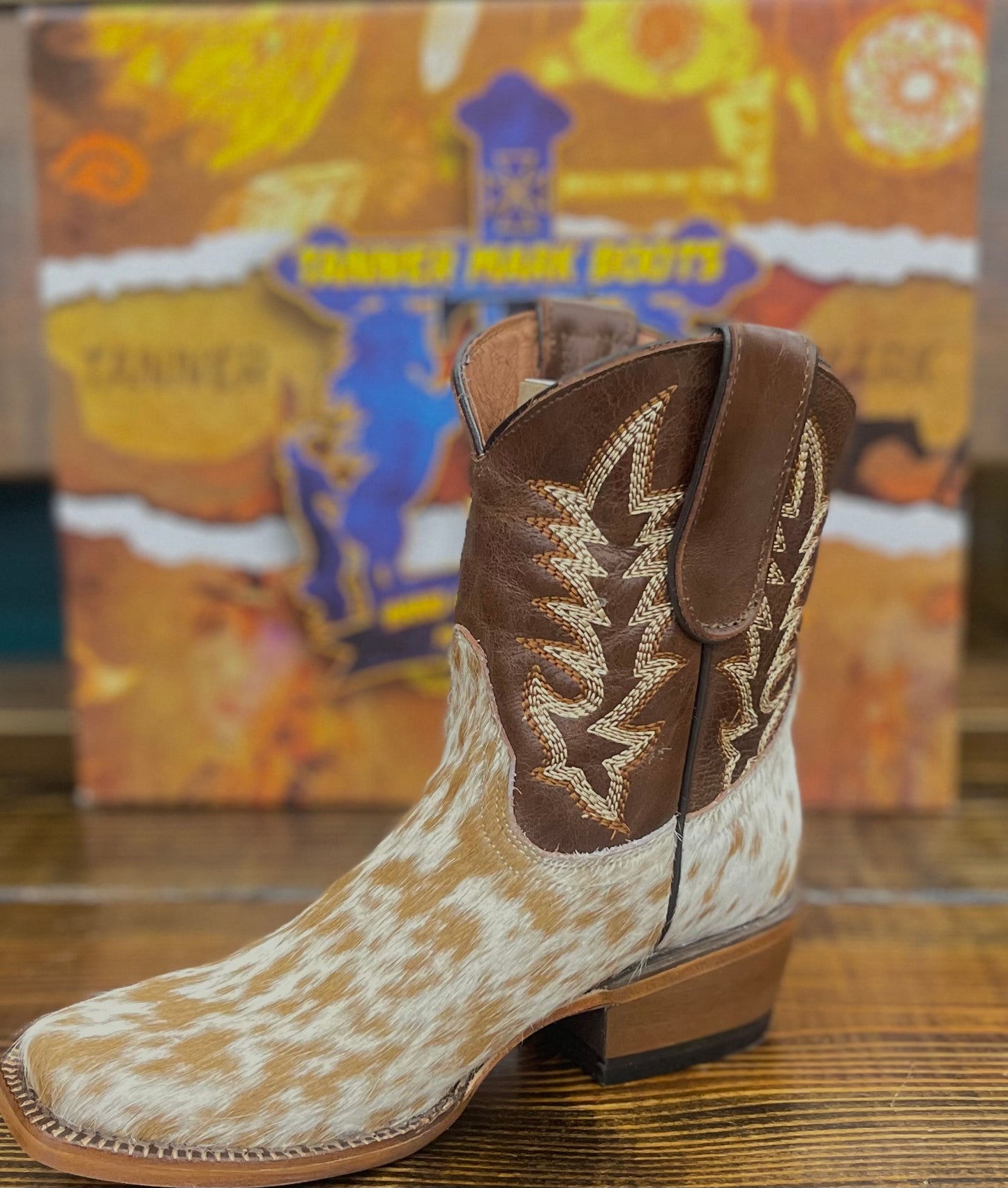 Tanner Mark Women’s Cowhide Brown and White Shorty Boots