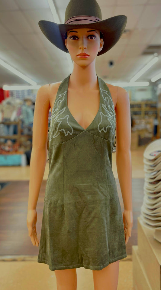 Women’s Suede Embroidered Halter Neck Mini Dress (Olive Green)
