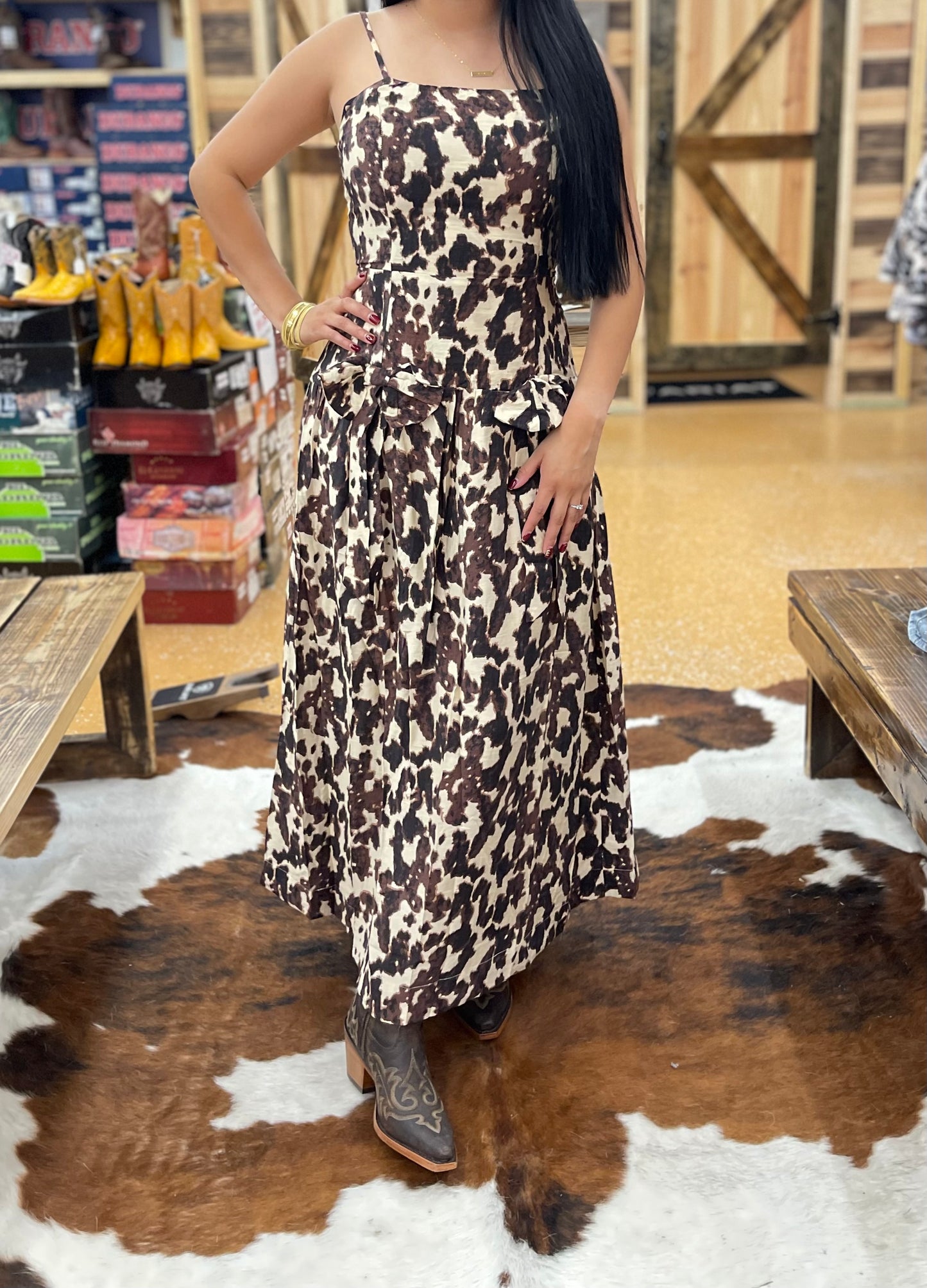 Cow Print Drop Waist Bow Cami Maxi Dress
