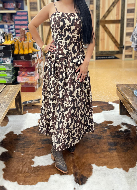 Cow Print Drop Waist Bow Cami Maxi Dress