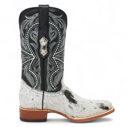 Tanner Mark Men's Square Toe Leather Boots Black & White Hair CowhideTM205579