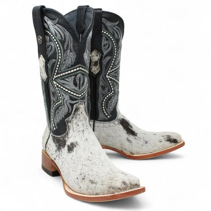 Tanner Mark Men's Square Toe Leather Boots Black & White Hair CowhideTM205579