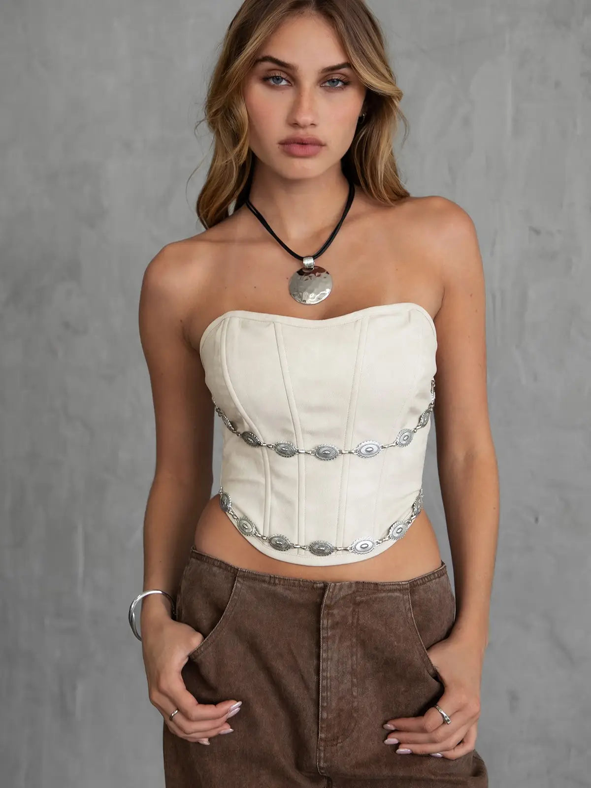 Tic Toc Women’s Leather Chain Strap Corset Strapless Top