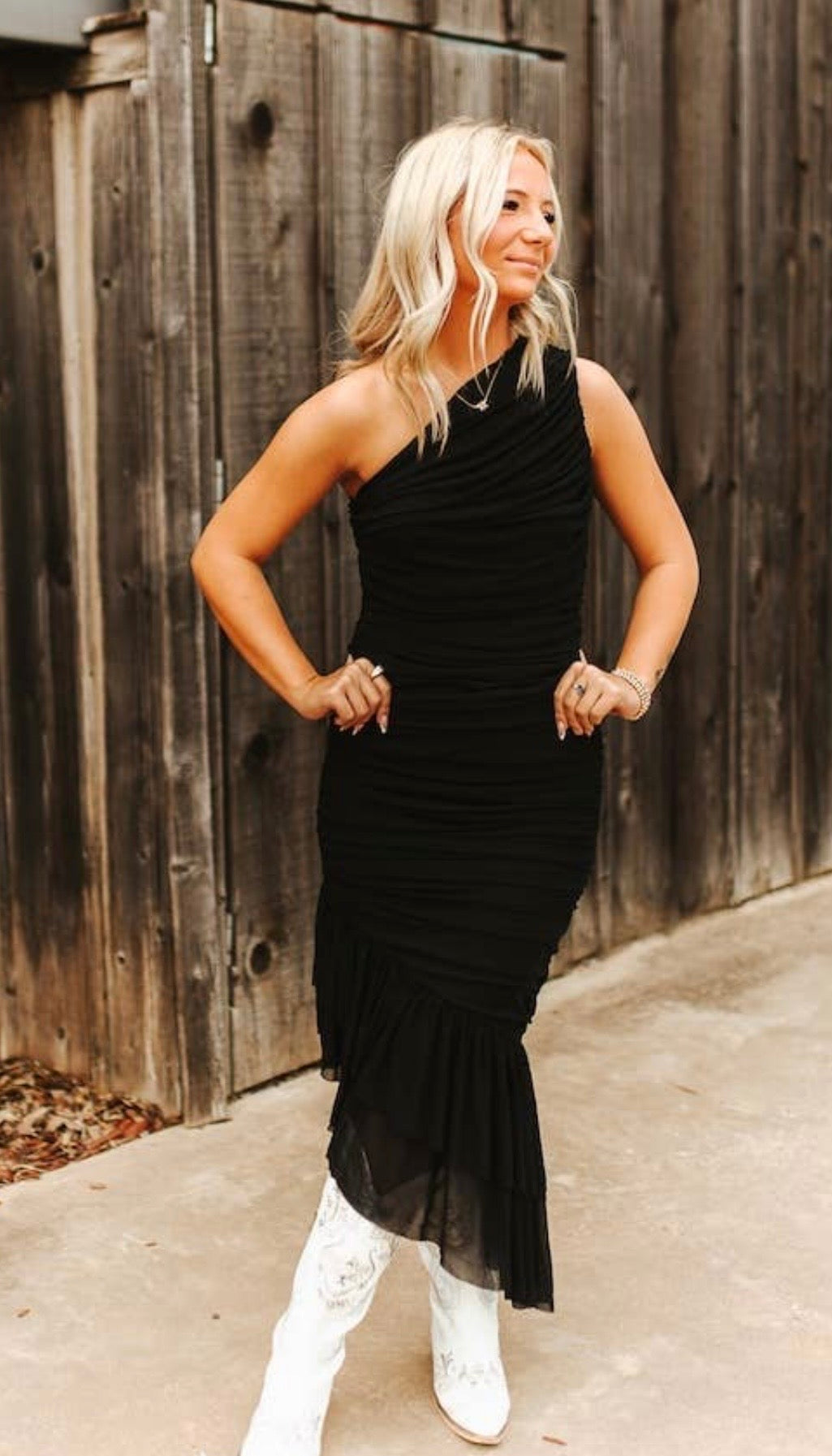 Lucky & Blessed Black One Shoulder Wrapped Tier Dress DR700-BLK