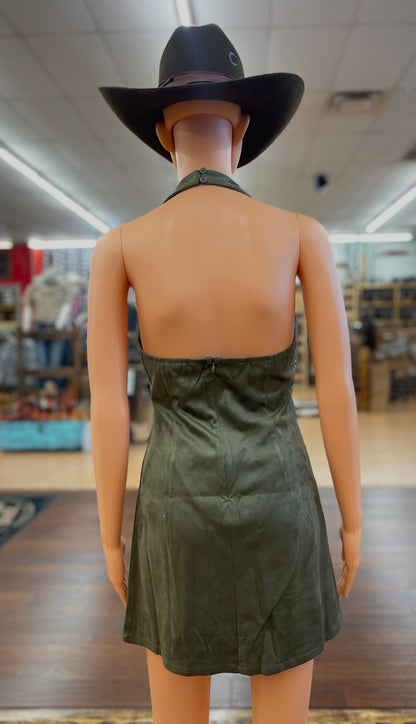 Women’s Suede Embroidered Halter Neck Mini Dress (Olive Green)