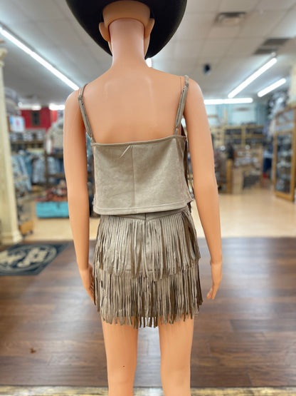 Women’s Suede Fringe Crop Top and Tired Mini Skirt