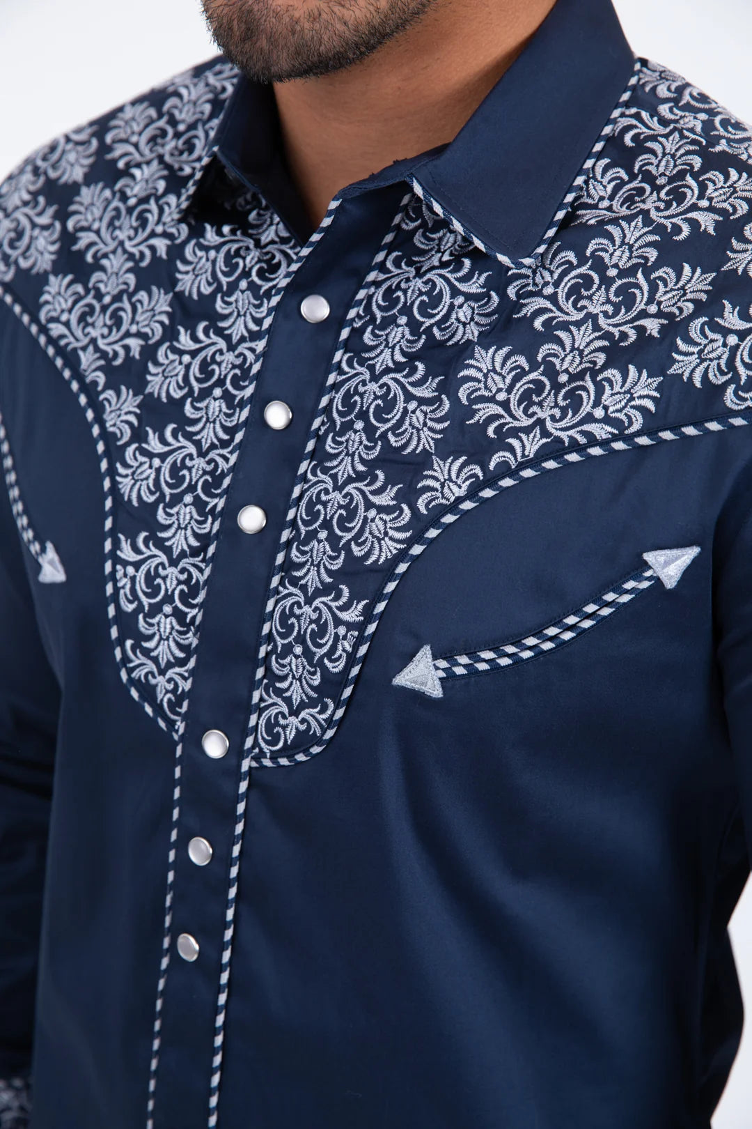 Platini Men’s Damask Embroidery Long Sleeve Shirt Navy