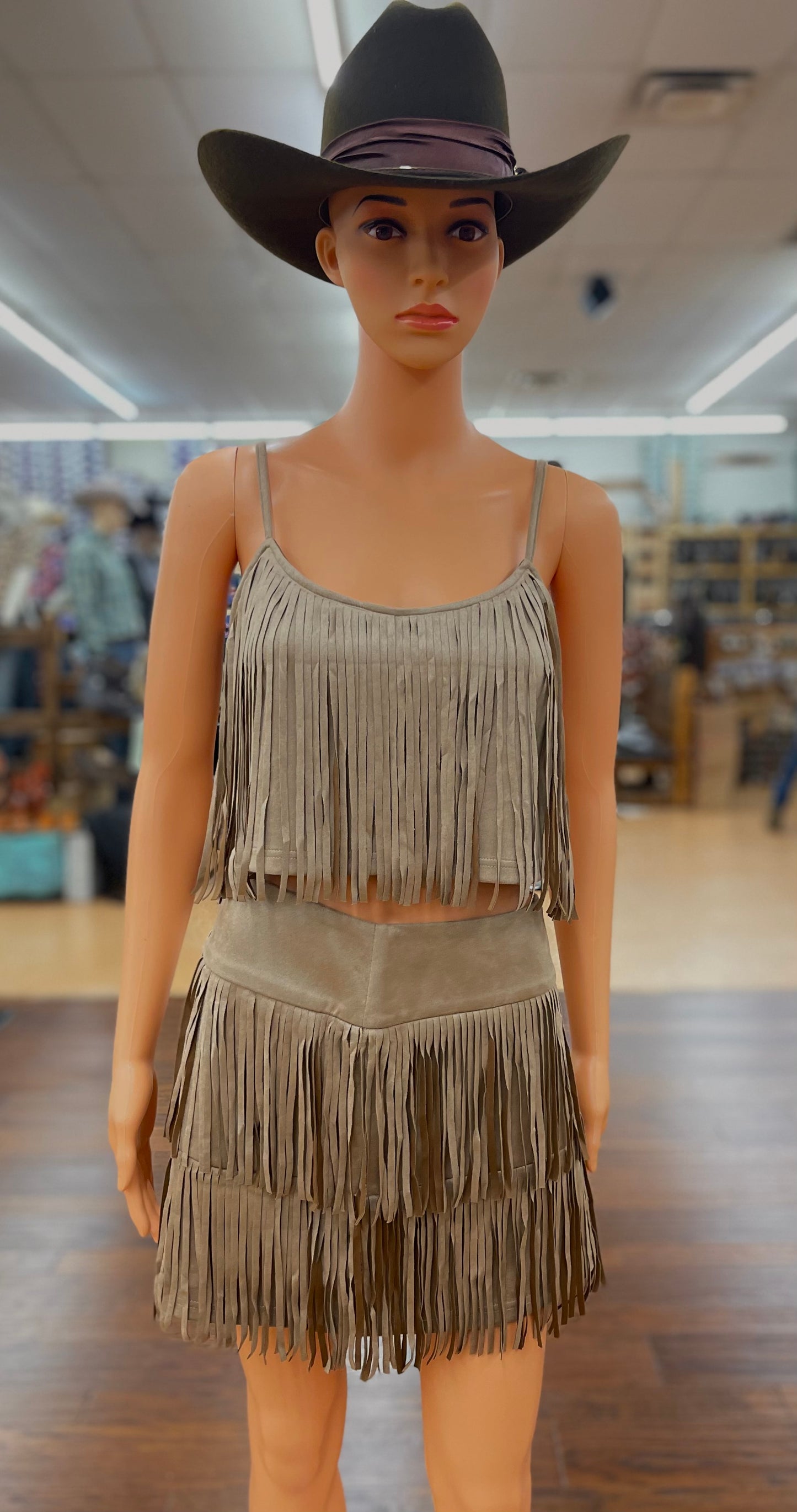 Women’s Suede Fringe Crop Top and Tired Mini Skirt