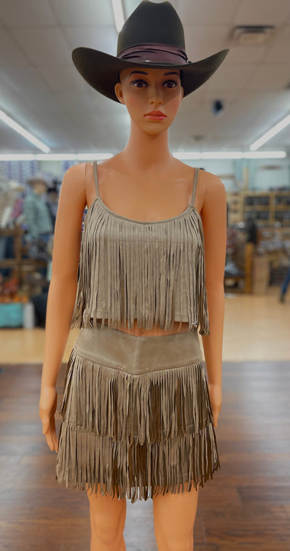 Women’s Suede Fringe Crop Top and Tired Mini Skirt