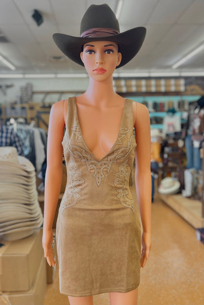 Women’s Western Stud Embroidered V Neck Mini Dress (Camel)