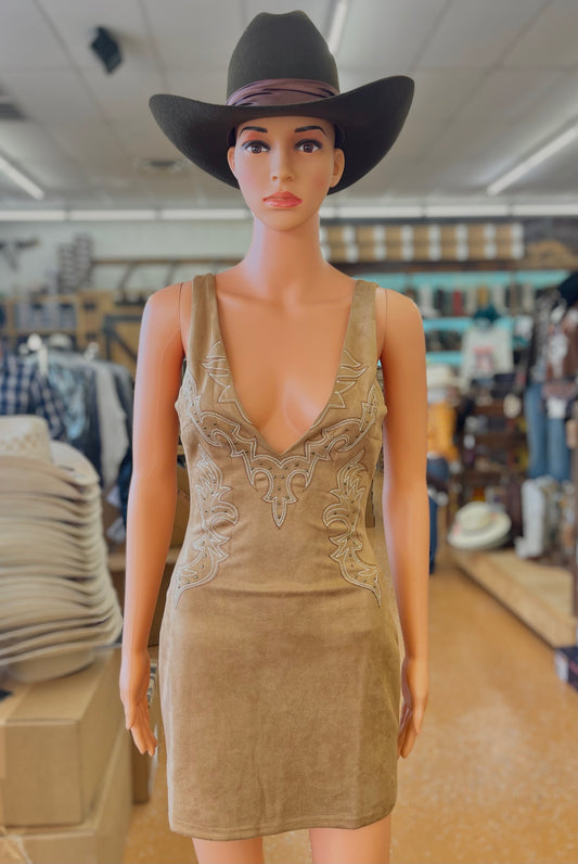 Women’s Western Stud Embroidered V Neck Mini Dress (Camel)