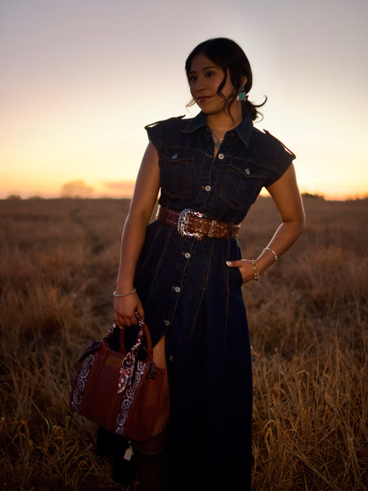 Denim Short Sleeve Midi Dress with Belt