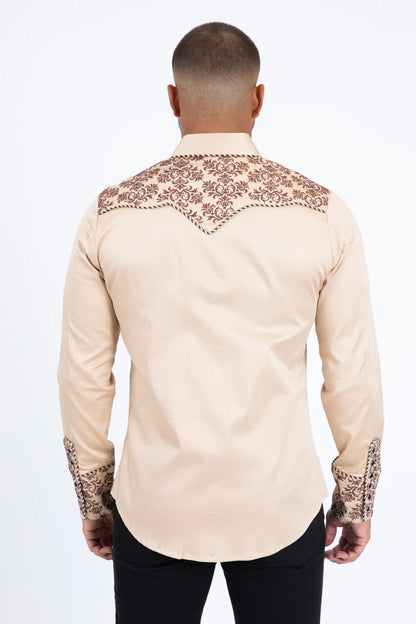 Platini Men’s Damask Embroidery Long Sleeve Shirt