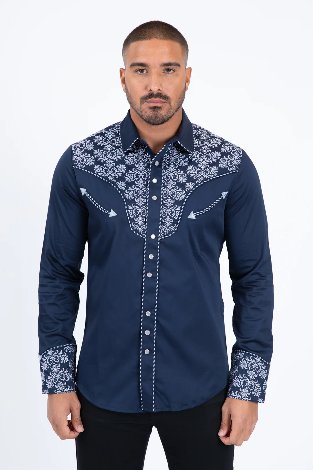 Platini Men’s Damask Embroidery Long Sleeve Shirt Navy