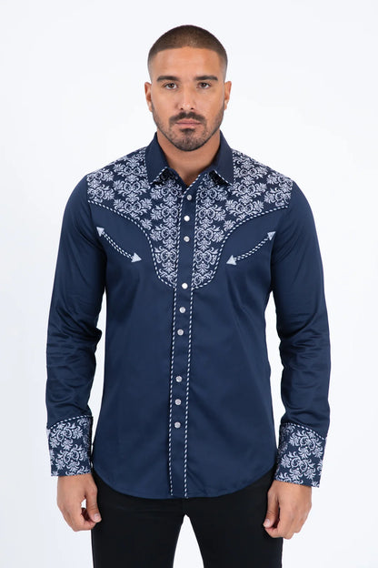 Platini Men’s Damask Embroidery Long Sleeve Shirt Navy