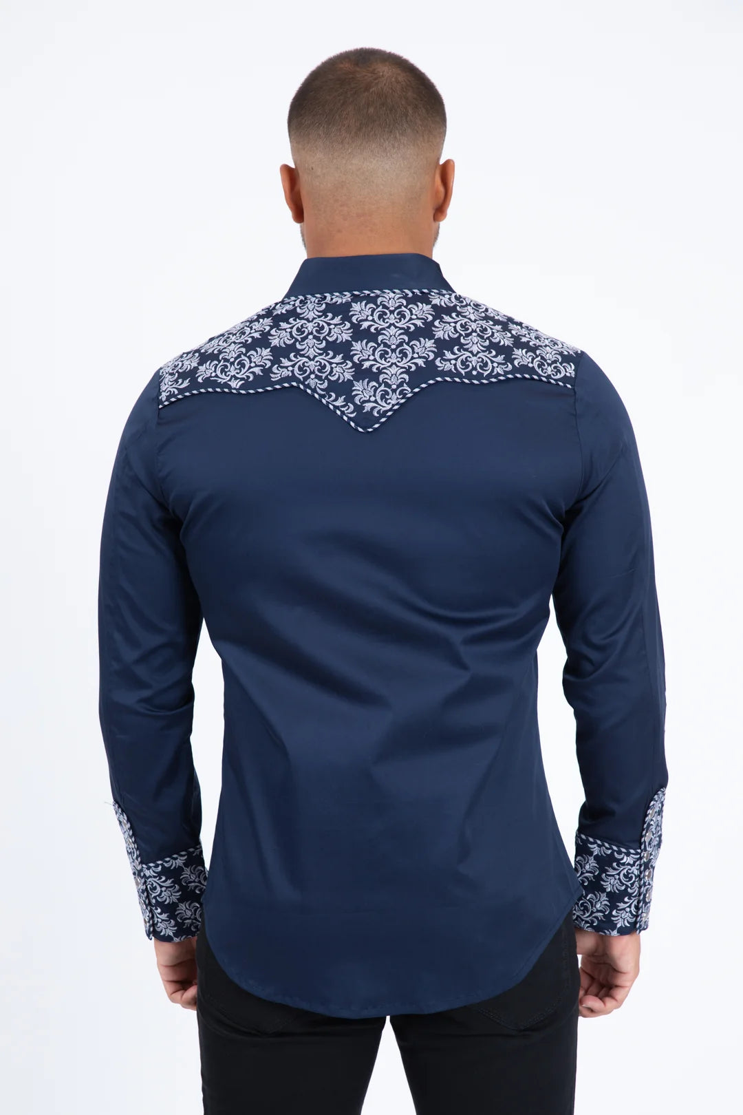Platini Men’s Damask Embroidery Long Sleeve Shirt Navy