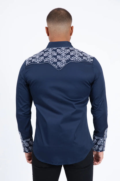 Platini Men’s Damask Embroidery Long Sleeve Shirt Navy