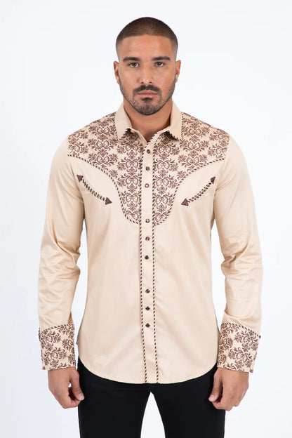 Platini Men’s Damask Embroidery Long Sleeve Shirt
