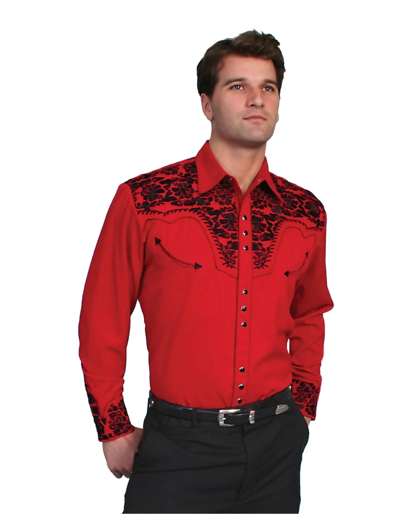 Scully Floral Tooled Embroidery - Men's Western Shirt (Red/Black) P-634
