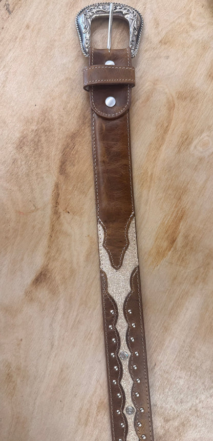 EHWW Women’s Brown/Gold and Rhinestone Leather Belt